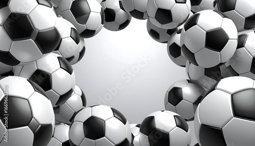 A collection of soccer balls in a dynamic circular arrangement against a light gray background creates a visually appealing and energetic design.