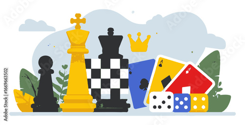 Colorful Chess and Card Game Illustration in Flat Cartoon Style