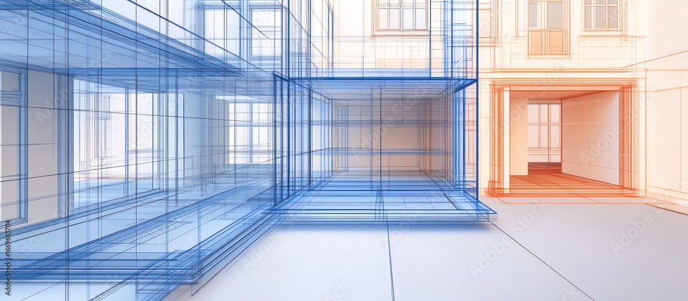 Fototapeta premium Architectural rendering of an interior space, blue overlay, with a partial, orange, rendered exterior