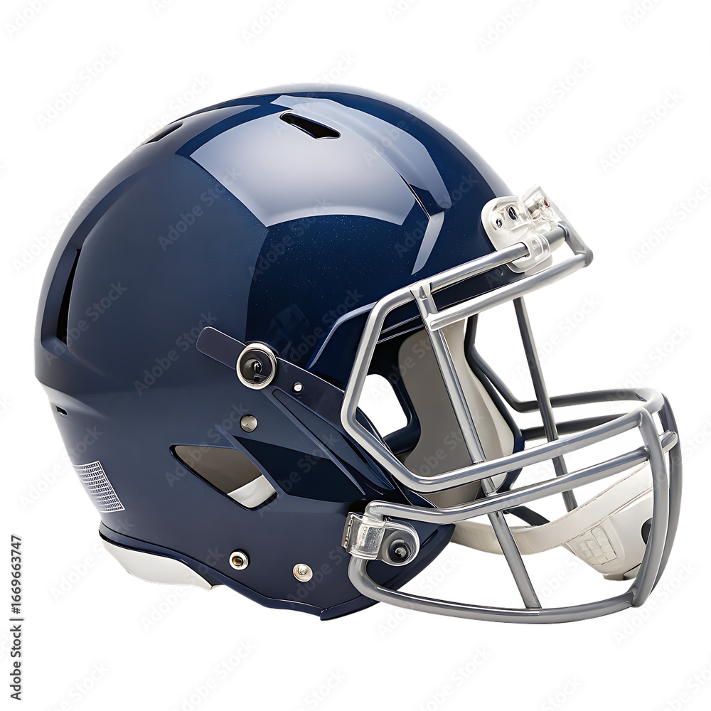 Fototapeta premium Dark Blue American Football Helmet with Silver Face Mask sports protective gear isolated on a transparent background