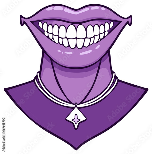 Stylized purple smiling head showing bright white teeth wearing a sparkling pendant necklace