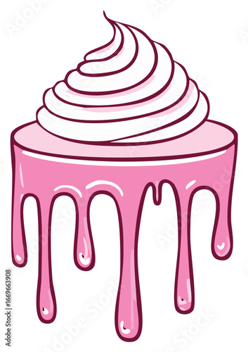 Sweet, pink, dripping confection dessert illustration with whipped cream on top