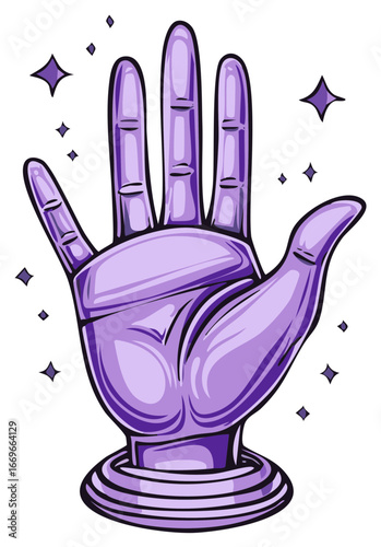 Vibrant purple hand with sparkling mystical energy and celestial glow flat vector illustration