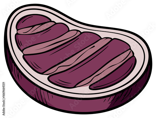 Stylized illustration of a cut steak with visible muscle fibers and fat layers