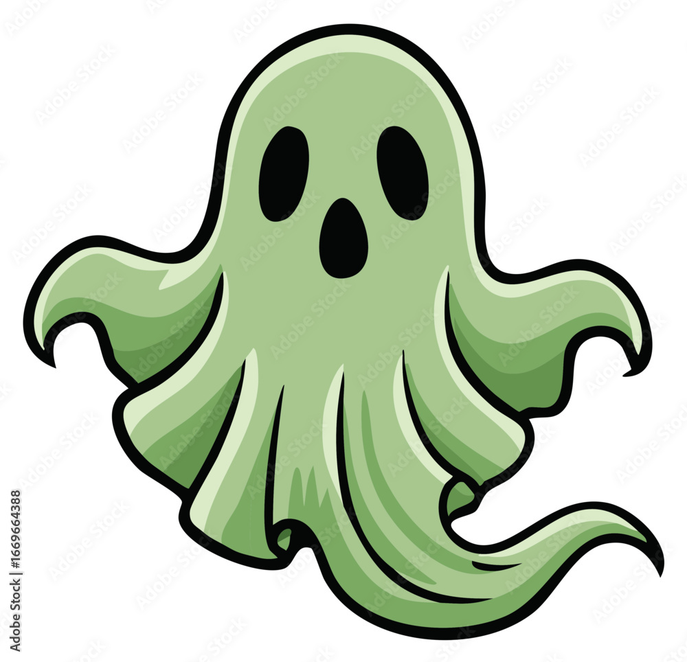 Obraz premium Spooky cute green cartoon ghost character flying for Halloween celebrations
