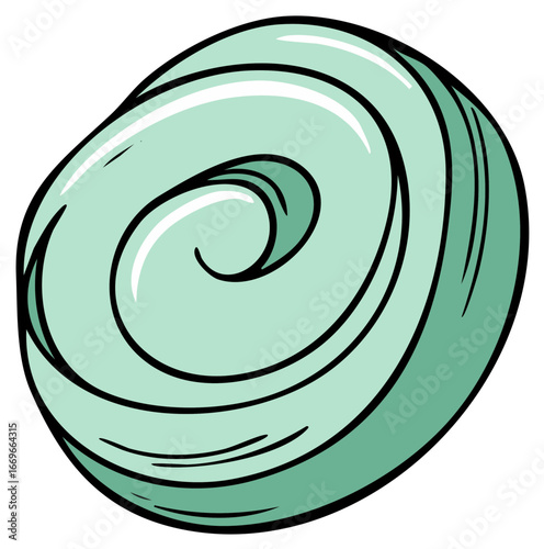 Shiny green swirl of sweet hard candy or lollipop top hand drawn illustration