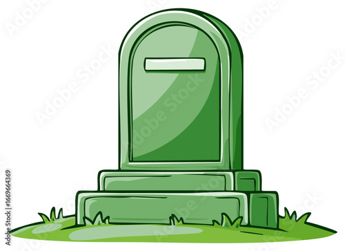 Stylized green tombstone with rounded top standing on a grassy surface.