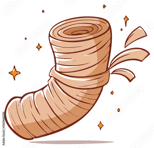 Cartoon illustration of a whimsical mummy foot wrapped in bandages with sparkles