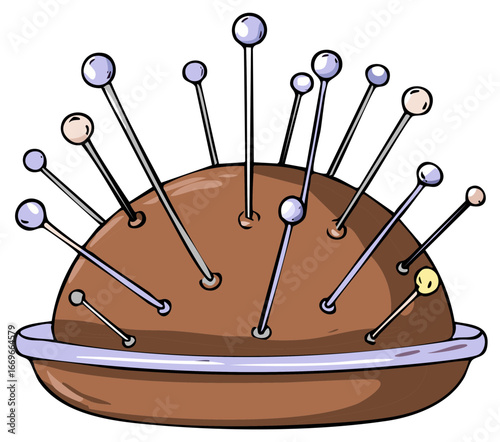 Cartoon illustration of brown pincushion with sewing pins inserted, craft concept