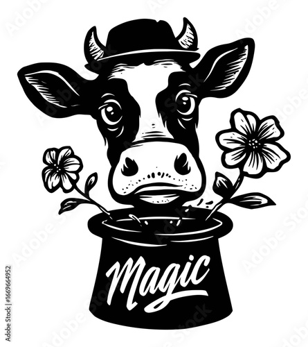 Whimsical Cow with Hat Emerging from Magical Top Hat and Flowers
