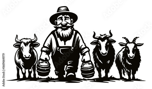Farmer Walking with Cows and Goats in Black and White Illustration