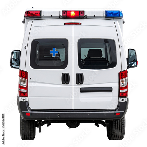 Classic Box-Style Ambulance with Rear Doors, Back View, Transparent Background