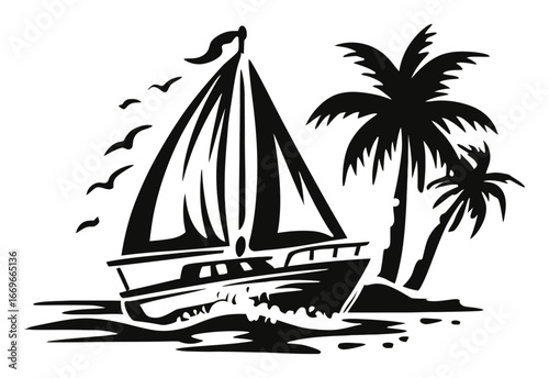 Sailboat on Tropical Beach with Palm Trees and Seagulls in Black and White