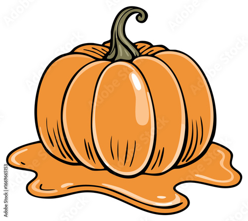 Orange pumpkin with stem and pulp illustration isolated