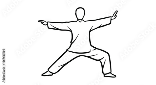 Elegant black and white vector illustration of a person practicing traditional martial arts, showcasing a balanced and harmonious pose for health and meditative well-being and inner peace