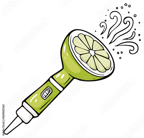 Whimsical illustration of a lime squeezer with a stylized burst of citrus juice and zest.