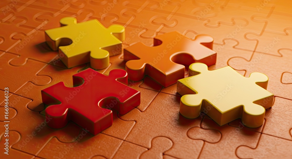 Fototapeta premium Four colorful puzzle pieces coming together on a textured background