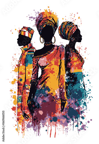 Colorful Abstract Illustration of Three Silhouetted Figures in Outfits