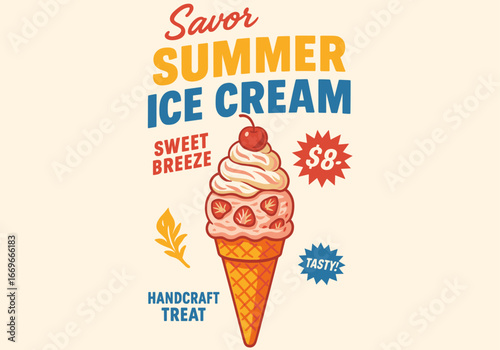 Fresh fruit ice cream illustration. Strawberry and cherry ice cream vector. Retro hand drawn ice cream design. Strawberry sundae vintage artwork. Summer vibes ice cream print.