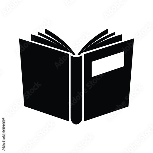 A simple black open book with turned pages sits against a white background