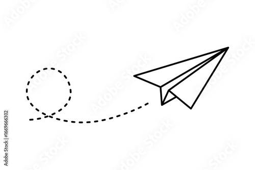 Paper airplane with dashed circular path. Smooth line vector illustration of simple flying motion