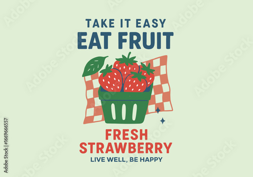 Strawberry bucket. Fresh Strawberry Harvest Graphic Print Design. Organic food artwork for for t-shirt. Sweet strawberry artwork. Nature fruit club print design. Strawberry fruit print. 