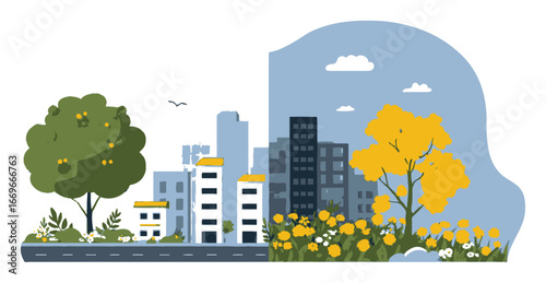 Colorful Cartoon Landscape with City and Nature Split Scene Design