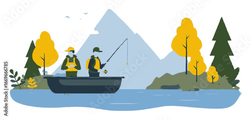 Flat Cartoon Style Illustration of Two Fishermen on a Lake