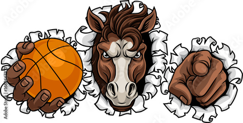 Horse mustang bronco stallion basketball angry sports team mascot holding a ball.