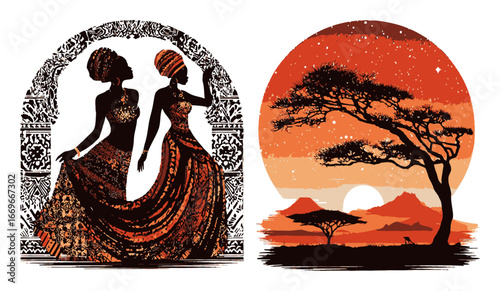 Elegant African Women Silhouettes Against Scenic Sunset Background