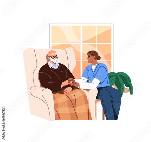 Grandfather sits in an armchair and communicates with a social worker. Nurse helps and supports old man. Caregiver talks to a senior person, holding hands. Flat isolated vector illustration on white