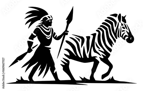 Warrior with Spear Walking Next to a Striped Zebra in Black Silhouette