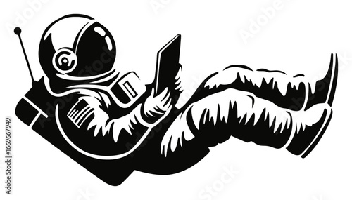 Astronaut in Space with Tablet Surrounded by Zero Gravity Environment