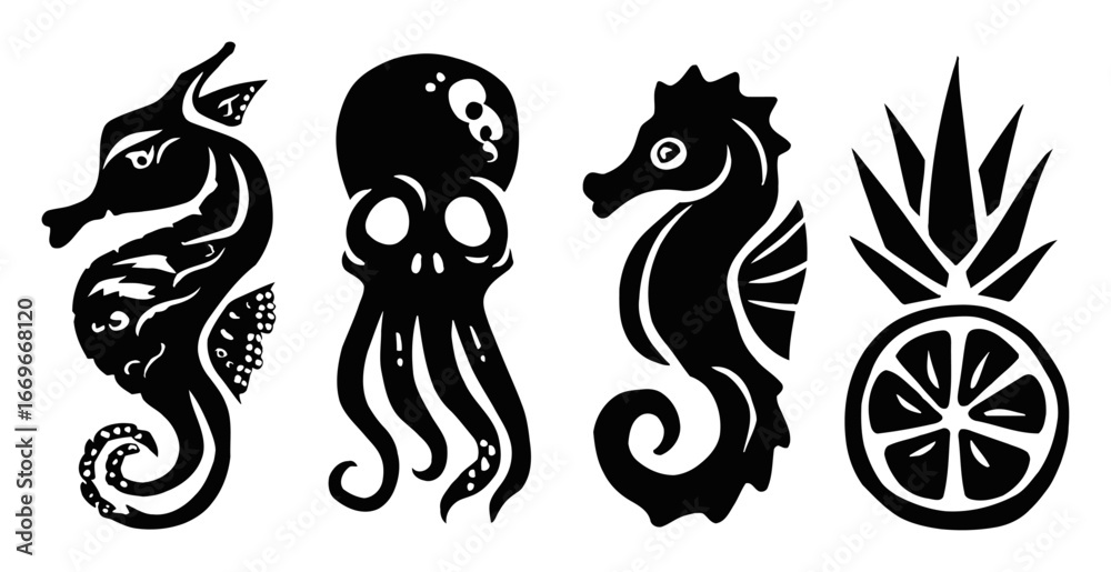Black Silhouettes of Sea Creatures and Fruits in Stylized Design