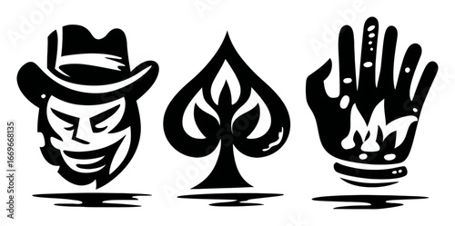 Stylish Black and White Design with Joker, Spade and Flaming Hand Symbols