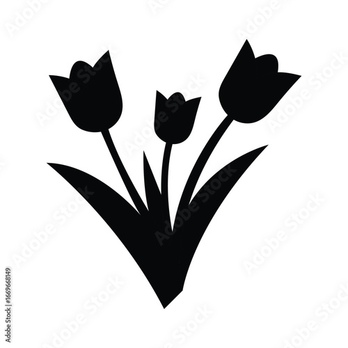 Three abstract tulip flowers bloom with leaves in solid black on white background