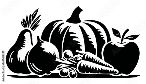 Wallpaper Mural Assorted Fruits and Vegetables Illustration in Black and White Style Torontodigital.ca