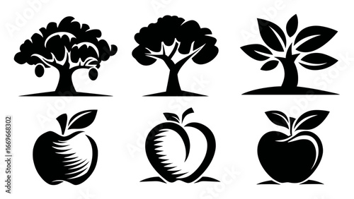 Black and White Silhouettes of Trees and Apples for Graphic Design Use