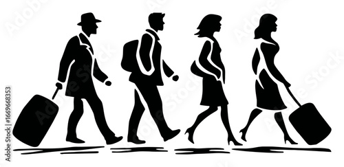 Diverse Group of People Walking with Luggage Silhouette Illustration