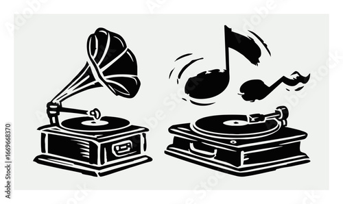 Vintage Vinyl Record Player and Gramophone with Music Notes Design