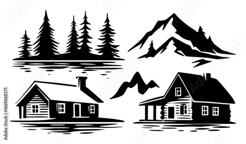 Black and White Illustrations of Mountains and Cabins in Nature Scene