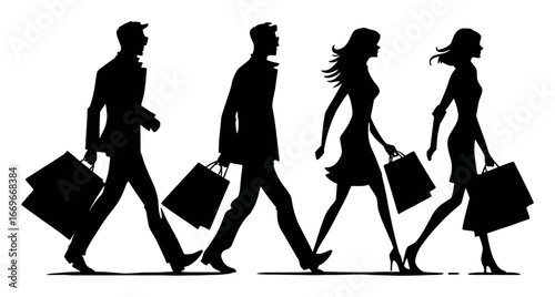 Silhouette of Four People Walking with Shopping Bags on White Background