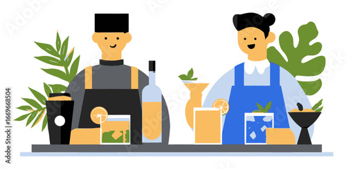 Colorful Cartoon Illustration of Two Bartenders Preparing Drinks