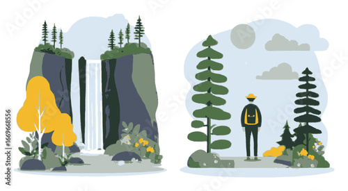 Serene Nature Scene with Waterfall and Adventurer in Flat Cartoon Style
