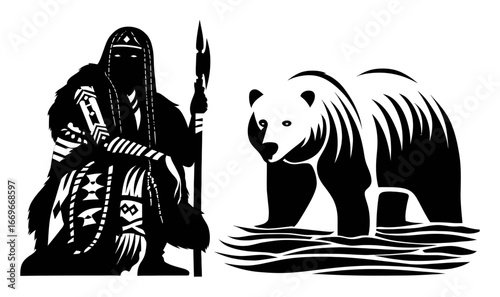 Hand-Drawn Illustration of Indigenous Person with Bear in Black and White