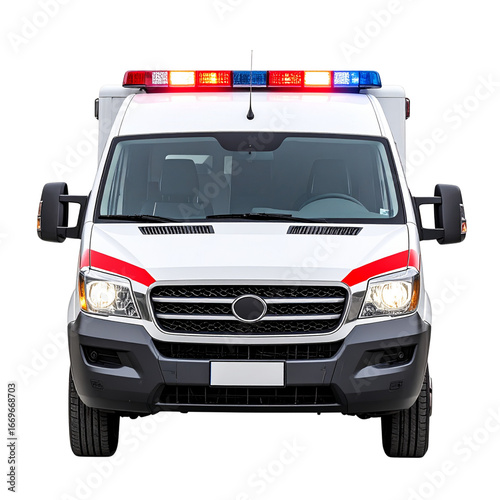 Emergency Ambulance with Flashing Roof Sirens, Angled Front View, Transparent Background