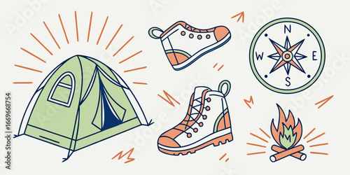 Illustration of camping gear including a tent boots compass and a campfire on a white background