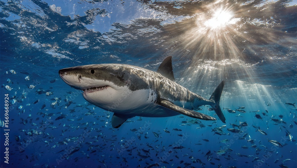 Fototapeta premium A large, powerful great white shark dominates the underwater scene, bathed in sunlight filtering through the water's surface.