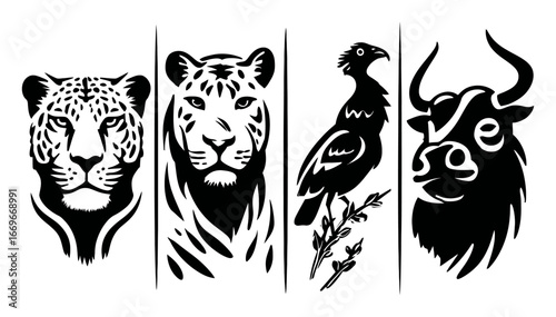 Black and White Animal Silhouettes of Leopard, Tiger, Bird, and Bull