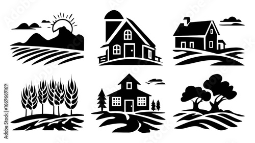 Scenic Landscape Illustrations Featuring Houses and Nature Elements